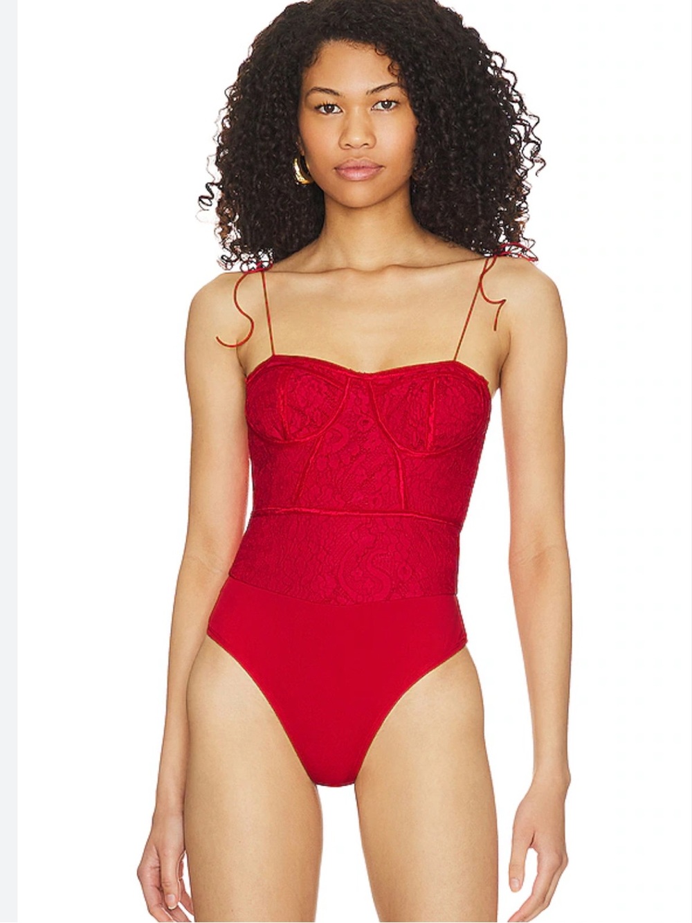 superdown Red Lace Bustier Bodysuit with Tie Straps